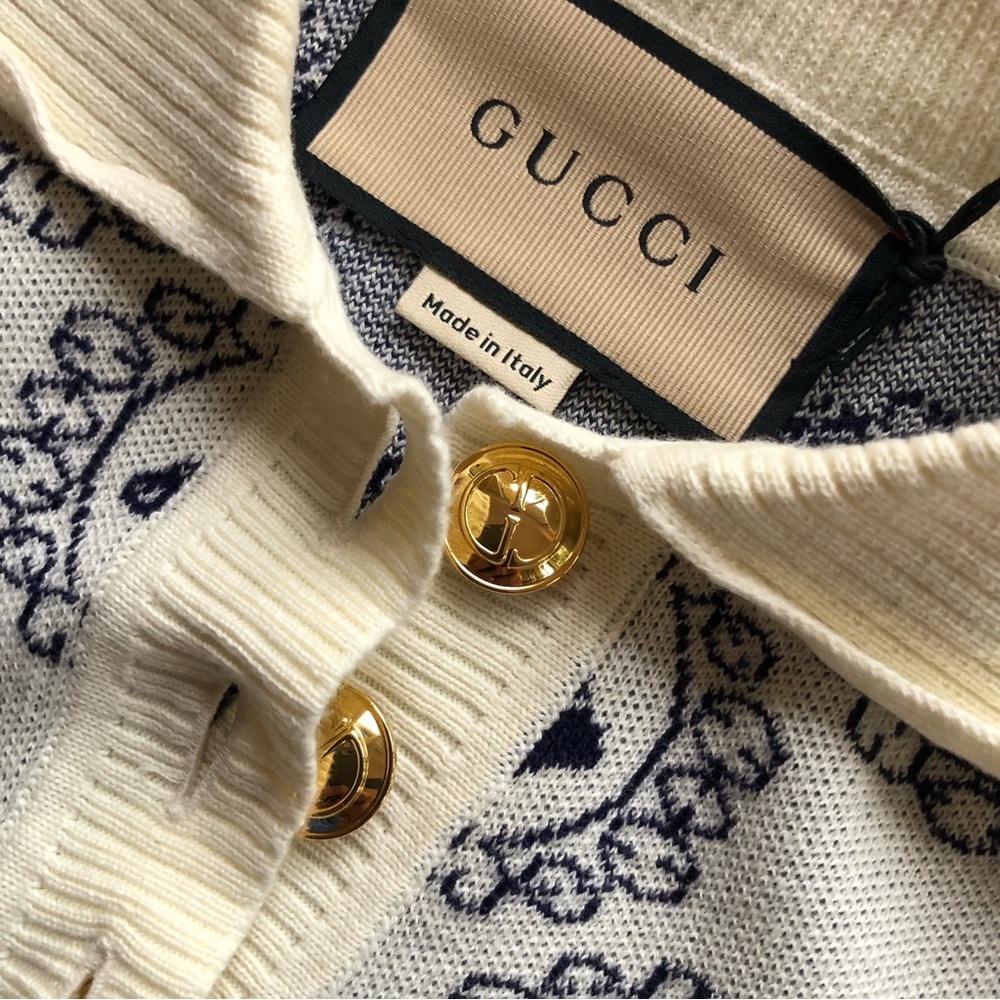 Gucci Equestrian Jacquard Polo Short Sleeves Sweater Cream/Navy Women's Size XS - Picture 10 of 16